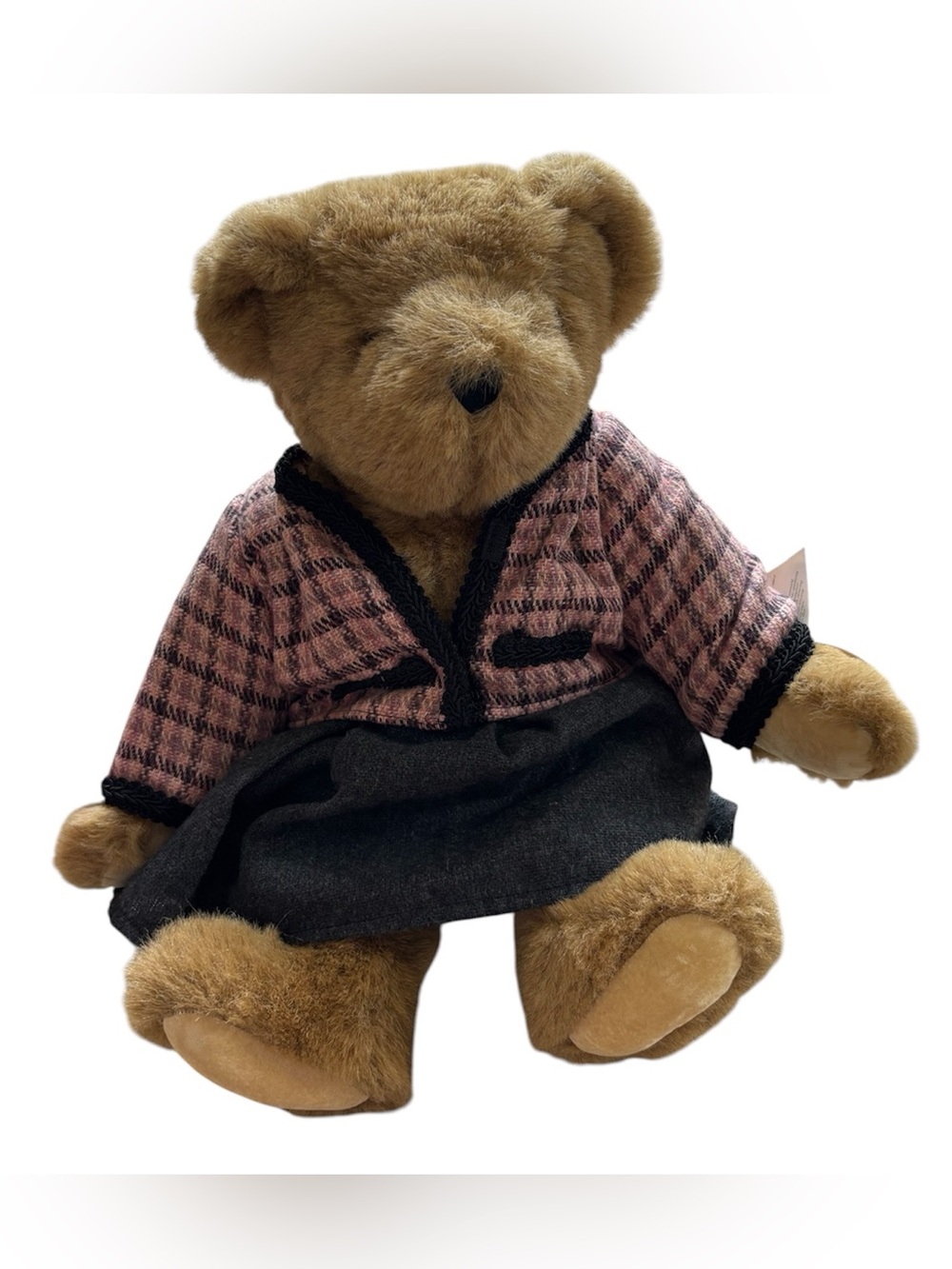 Vintage Vermont Teddy Bear 1994 Jointed Pink Plaid Outfit Made in USA 17"